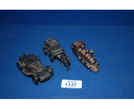 A Collection of 3 Pencil Sharpeners in the Form of Die Cast Metal Toys - Vintage Car, Stage Coach & American Steam Loco.