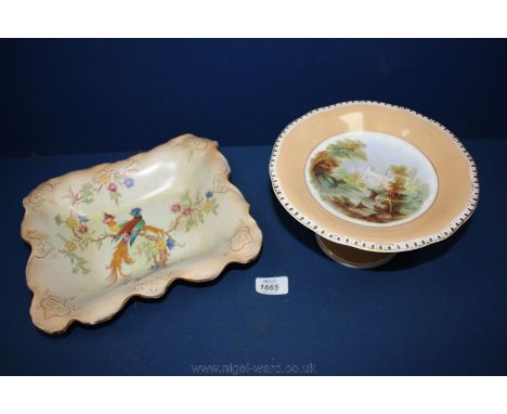 A china Pedestal Dish featuring 'Warwicke Castle' painted to the central panel together with a rectangular Dish decorated wit