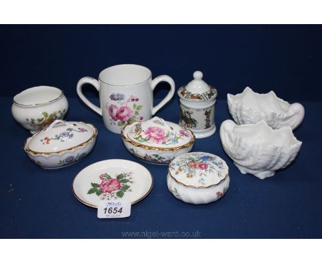 A Coalport two handled mug, two Coalport 'Countryware' shell shaped bowls, a Limoges pot with lid, two Spode lidded trinket p