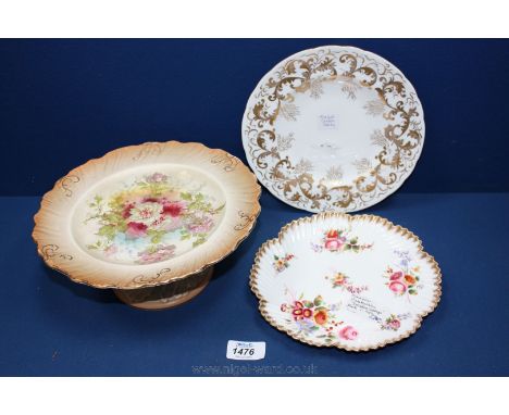 A Royal Devon Cake Stand with central floral panel and peach blush edging, a hand painted Hammersley Dresden 'Sprays'' Plate 