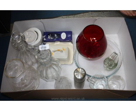 A quantity of glass including decanters (stoppers not matching), figures, cups, etc together with a china butter dish and pot