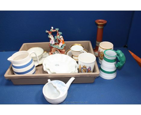 A quantity of china including Teapot, two Cups and saucers, set of cream Fruit Dishes with fluted rims, blue and white feedin