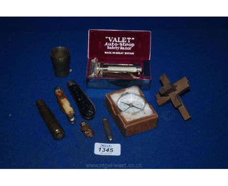A cased ''Valet'' Razor, Compass, Penknives, Japanese puzzle, etc.
