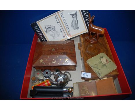 A quantity of miscellanea including a wooden jewellery box, cased modern spirit flask, metal pill boxes, cigarette case etc.