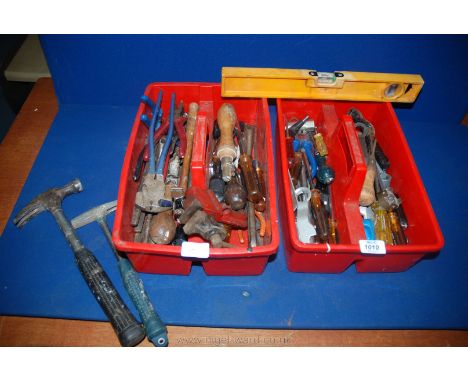 A quantity of Tools in two carrying boxes including spanners, screwdrivers, hammers, spirit level, etc.