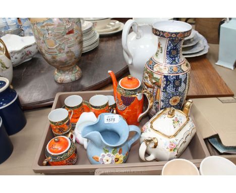 A Japanese style Vase, oblong Sadler Teapot, small Cream Jug with rose pattern, Japanese Teaset with Geisha girl to base and 