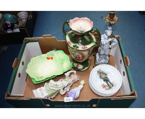 A quantity of china including two Beswick leaf and tomato shaped dishes, monkey Candlestick, and a green twin handled Royal B