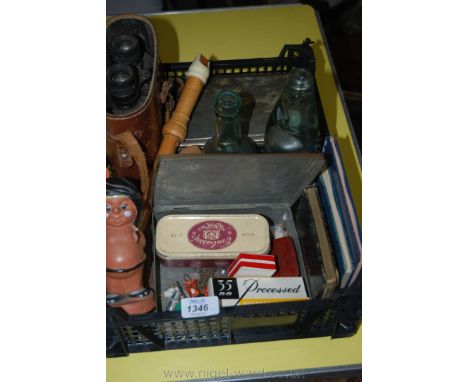 A pair of Binoculars in leather case, old Mineral Water Bottles, Autograph Books, Tins and Button, Badges, etc.