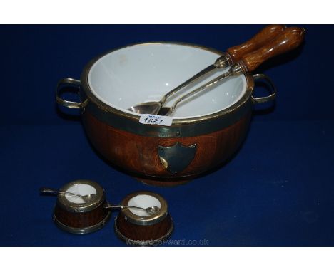 A ceramic lined wooden Fruit Bowl with epns rim, wooden handled salad servers, two wooden salt cellars with epns rims and spo