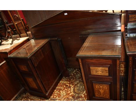 A good late 19th c. Rosewood and Mahogany three piece headboard with integral pot cupboards, having triangular moulded top to