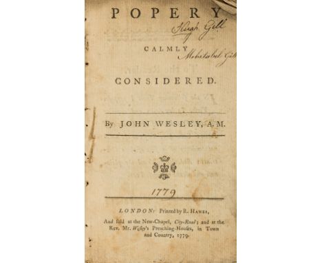 Wesley (John) Popery calmly considered, first edition, title with small woodcut crown and cherub ornament, water-stained, chi