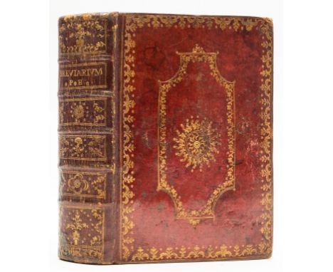 Binding.- Plantin.- Breviarium Romanum, double column, printed in red and black, engraved additional pictorial title, device 