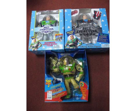 Three Boxed Disney Toy Story Buzz Lightyear Plastic Action Figure Toys, to include Mattel Toy Story 2 Flight Control Buzz, Th