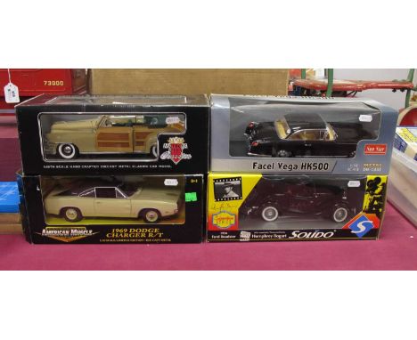 Four Boxed 1:18th Scale Diecast Model Vehicles comprising of Ertl #32510 1969 Dodge Charger R/T, Sun Star #3751 Facel Vega Hk