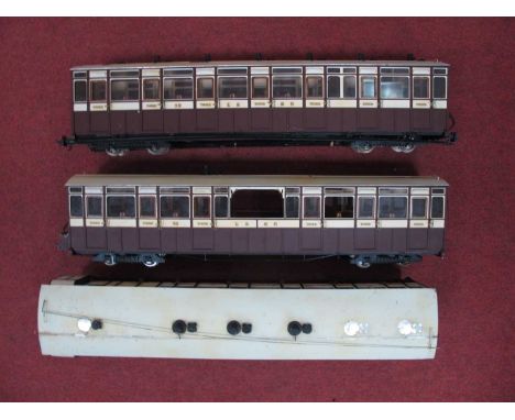 Three Kit/Scratch Built 'G' Gauge Coaches, brown/cream; comprising two 3rd class R/No's 10 and 12, plus a 1st, 3rd brake, woo