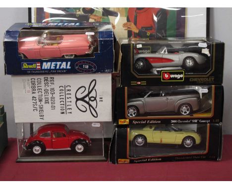 Six 1:18th Scale Diecast Model Cars by The Crestley Collection, Maisto, Burago, Revell to include The Crestley Collection She