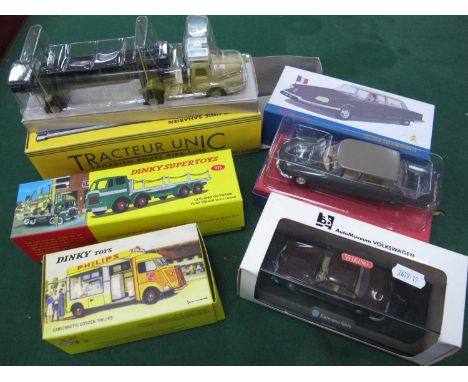 Five Diecast Model Vehicles by Atlas Editions, Norev, Dan Toys, Wiking, to include, Norev Tracteur Unic Saharien Porte Pipe-L