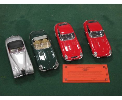 Four 1:24th scale highly detailed diecast Jaguar model vehicles by The Franklin Mint to include, 1961 E-Type, 1952 XK120, sma