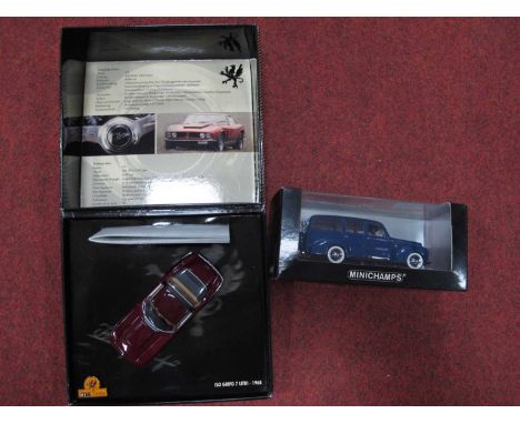 Two 1:43 Scale Diecast Model Vehicles by Minichamps, comprising of ISO Grifo 7 Litri 1968, Ford V8 DeLuxe Woody 1940 Blue, bo