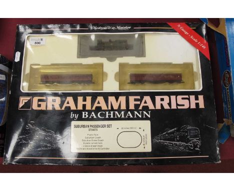 A Graham Farish Ref No, 370.075 'N' Gauge Suburban Passenger Train Set, comprising a 2-6-2 Prairie Tank Locomotive, two BR ma