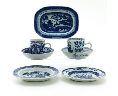 Including three small serving plates and 2 cups and saucers, circa 1800, largest tray is 19 cm. long, some with chip and hair