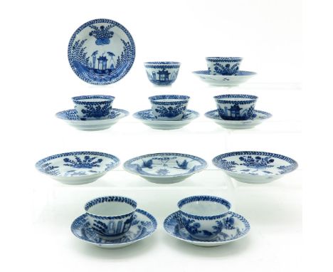 17 cups and saucers decorated with scenes in garden with birds, largest saucer is 11 cm. in diameter, in diverse conditions.