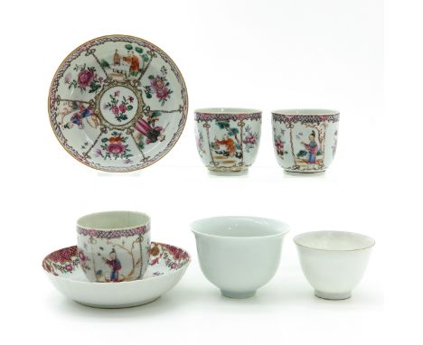 Including five cups and two saucers, saucers are 13 cm. in diameter, some with chip and hairline.