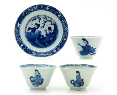 Decorated with Chinese figures on cups and garden scene in center of saucer 10 cm., hairline in two cups.