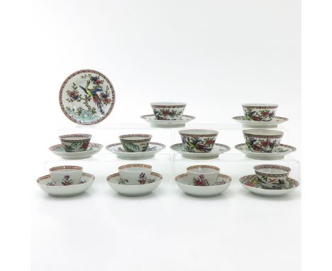 Including 10 cups and 11 saucers, largest saucer is 12 cm. in diameter, some with chip and hairline.