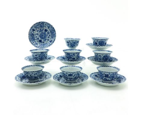 Floral decor with scalloped edge, marked with double ring and flower, saucers are 14 cm. in diameter, one saucer with hairlin