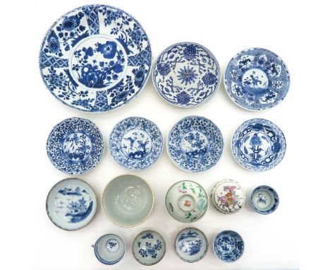 Including plates, cups, saucers and box with cover, largest plate is 28 cm., in diverse conditons.