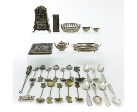 Including English silver miniature coffee set in 1st degree silver marked Birmingham, Dutch silver miniature cabinet in 2nd d