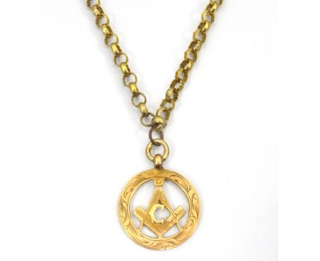 MASONIC NINE CARAT GOLD PENDANTwith compass and set square decoration, on nine carat gold belcher link chain, total weight ap