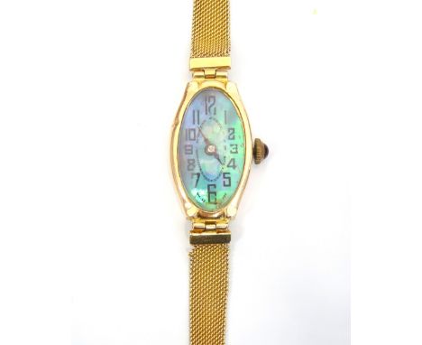 LADIES NINE CARAT GOLD CASED WRISTWATCHthe mother of pearl dial with Arabic numerals, on unmarked gold bracelet strap