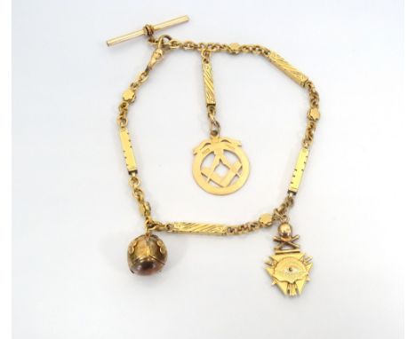 GOLD PLATED FANCY LINK ALBERT CHAIN with a nine carat gold medal with compass and set square decoration; a gold plated Masoni