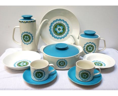 RETRO 1970s J & G MEAKIN 'CAPRI' TEA/DINNER SERVICEcomprising teapot; coffee pot; four cups; nine saucers; sideplate; milk ju