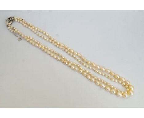 TWO PEARL NECKLACESboth with nine carat gold clasps and individually knotted, one with safety chain approximately 49.5cm long