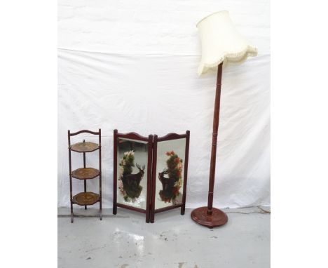 MAHOGANY FRAME TWO SECTION FIRE SCREENwith two mirrored panels decorated with highland stags, 66cm high, a folding three tier