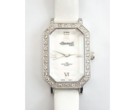 LADIES INGERSOLL REFLECT WRISTWATCH the octagonal mother of pearl dial with Roman numerals, with gem set bezel, the backplate