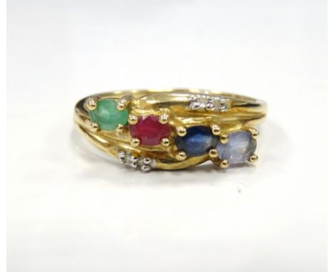 MULTI GEM SET DRESS RINGthe emerald, ruby, sapphire and amethyst in twist setting with small diamonds, on nine carat gold sha