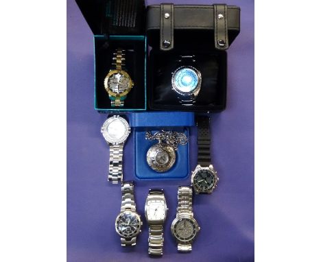 SELECTION OF MODERN GENTLEMEN'S WATCHEScomprising a boxed Rotary half hunter skeleton pocket watch, with chain and guarantee;