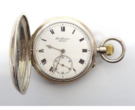 SILVER CASED POCKET WATCHby 'J.W.Benson, London', with top winder, black Roman numerals and subsidiary dial on white enamel, 