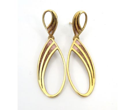 PAIR OF NINE CARAT GOLD DROP EARRINGSwith pink and brown enamel decoration, approximately 5.6 grams