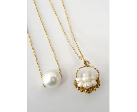PEARL SET GOLD PENDANTin the form a basket of pearls, in unmarked high carat gold and on unmarked high carat gold chain; toge