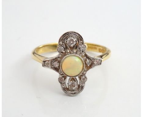 ART DECO STYLE OPAL AND DIAMOND PLAQUE RINGthe central round cabochon opal in pierced diamond setting, on eighteen carat gold