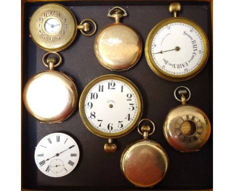 COLLECTION OF GOLD PLATED POCKET WATCHES AND PARTSwatches and cases all with top winders, and an 8 day Swiss made clock and m