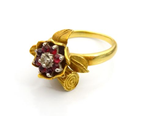 RUBY AND DIAMOND CLUSTER RINGthe gemstones in unusual rose and branch effect setting, in eighteen carat gold, ring size M-N a