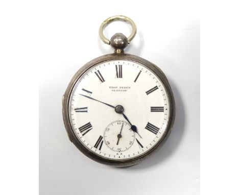VICTORIAN SILVER CASED POCKET WATCHmarked 'Thos.Peden, Glasgow', with black Roman numerals and subsidiary dial on white ename