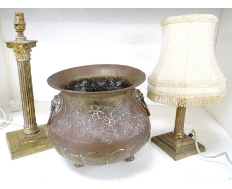 SELECTION OF BRASS WAREincluding a Corinthium column lamp on a square stepped base, 42.5cm high; a similar squat Corinthium c