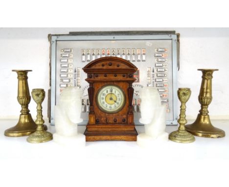 PAIR OF ALABASTER BOOK ENDSin the form of horse heads, a pine cased 30 hour mantle clock with a circular dial with Arabic num